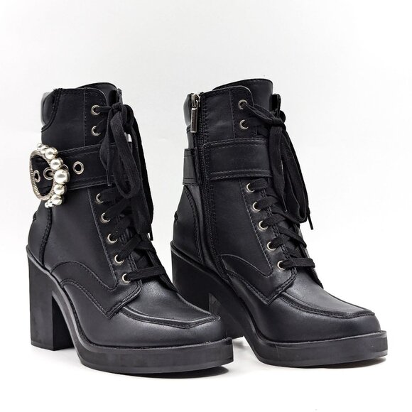 DKNY Women Dottie Black Leather Buckle Pearl Heel Combat boots size 7.5 - Picture 1 of 12
